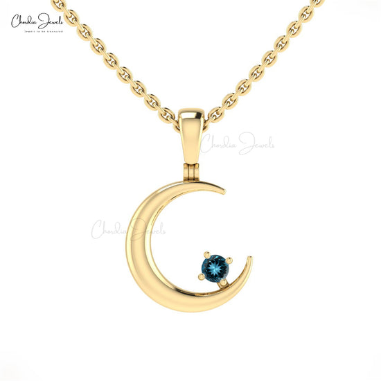 Single Stone 0.05 Ct London Blue Topaz 14k Solid Gold Half Moon Solitaire Pendant