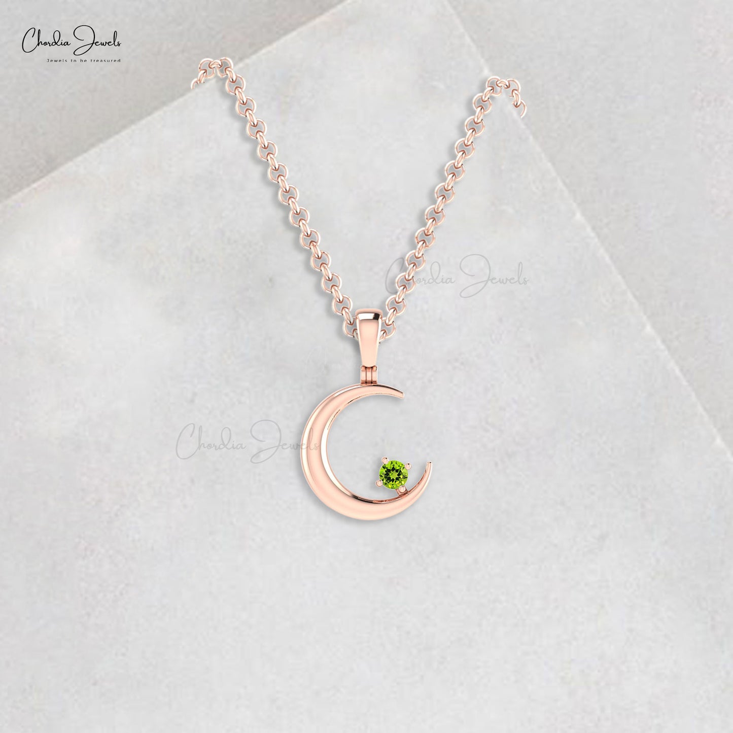 Round Peridot Half Moon Pendant With 2mm Gemstone Prong Set In 14k Real Gold Necklace