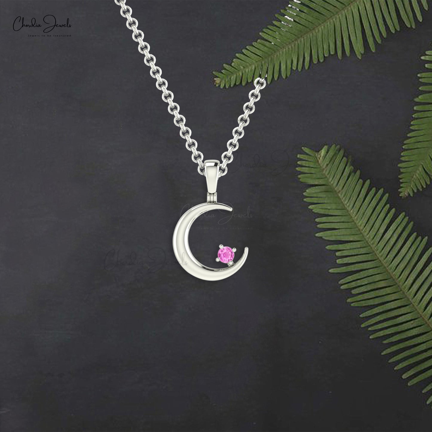 Prong Set 0.03Ct Pink Sapphire Accents in  14k Real Gold Crescent Minimalist Pendant