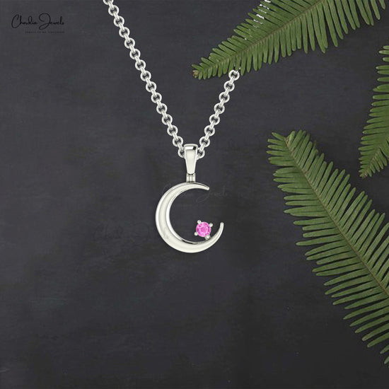 Crescent Solitaire Charm With 2mm Pink Sapphire 14k Solid Gold Half Moon Kids Pendant