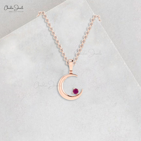 Half Moon Celestial Pendant With 2mm Burma Ruby Necklace In 14k Solid Gold Fine Jewelry