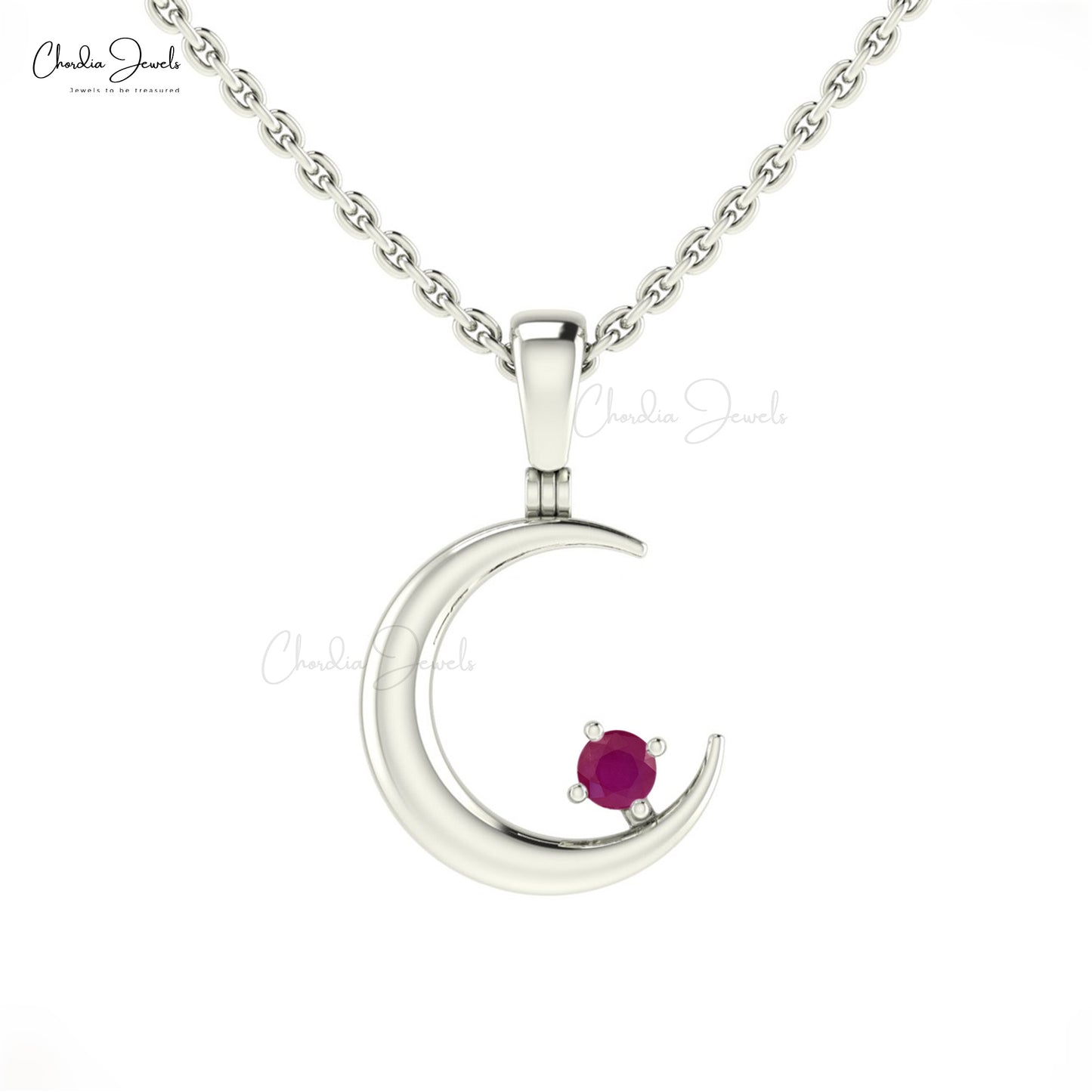 Half Moon Celestial Pendant With 2mm Burma Ruby Necklace In 14k Solid Gold Fine Jewelry