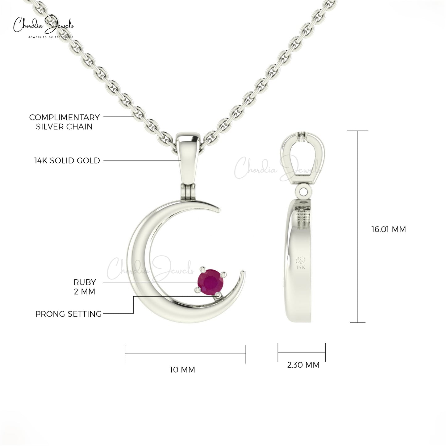 Half Moon Celestial Pendant With 2mm Burma Ruby Necklace In 14k Solid Gold Fine Jewelry