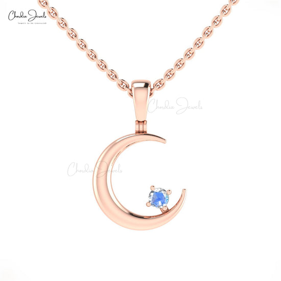 Dainty Crescent Charm With 2mm Rainbow Moonstone 14k Real Gold Solitaire Pendant