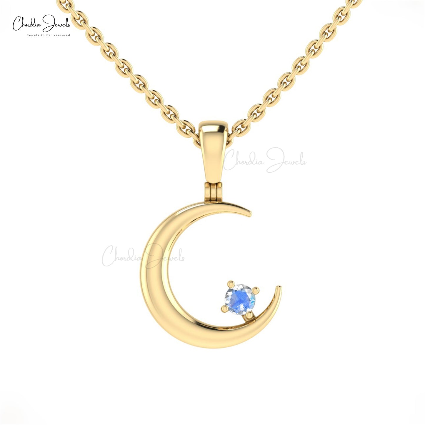 Dainty Crescent Charm With 2mm Rainbow Moonstone 14k Real Gold Solitaire Pendant