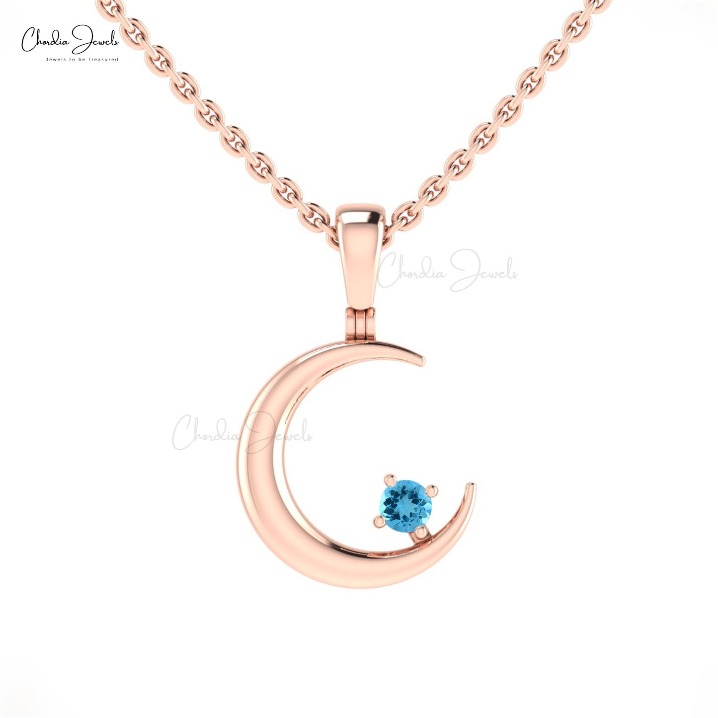 Natural Swiss Blue Topaz Crescent Pendant In 14k Solid Gold Gemstone Fine Jewelry