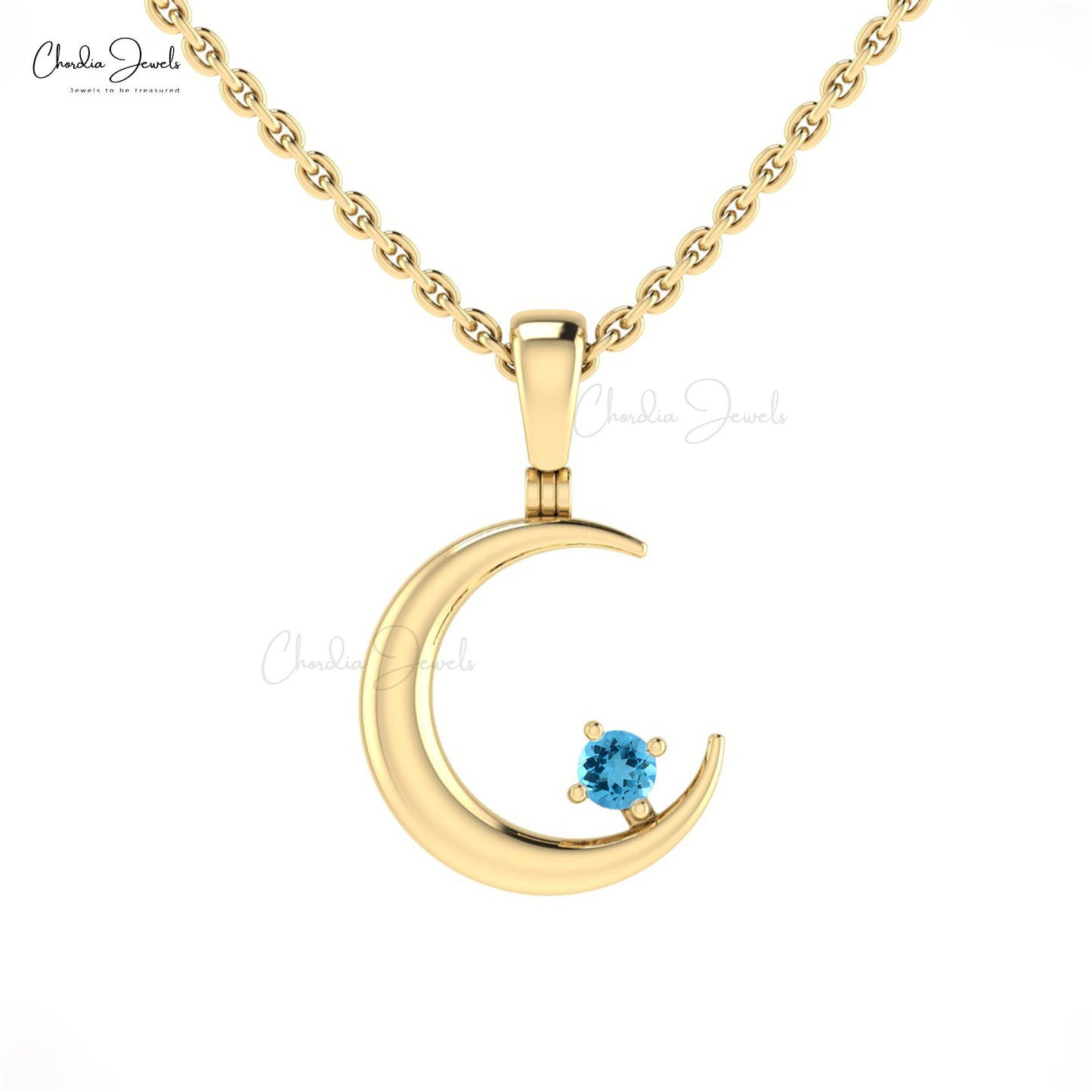 Natural Swiss Blue Topaz Crescent Pendant In 14k Solid Gold Gemstone Fine Jewelry