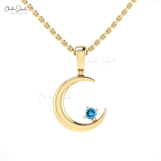 Natural Swiss Blue Topaz Crescent Pendant In 14k Solid Gold Gemstone Fine Jewelry