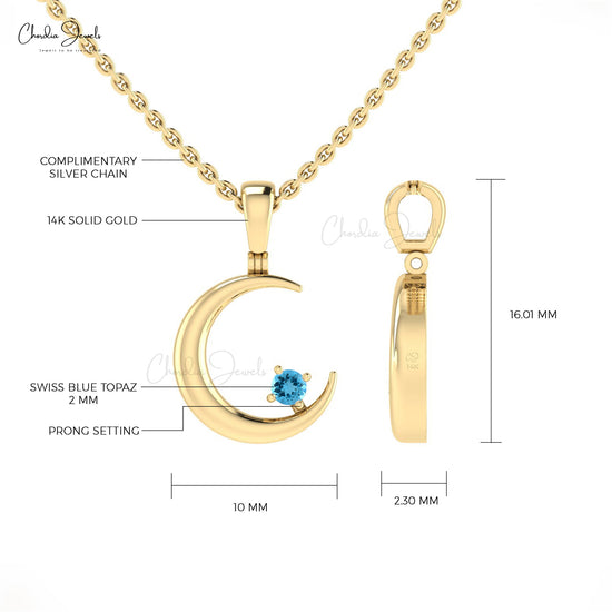 Natural Swiss Blue Topaz Crescent Pendant In 14k Solid Gold Gemstone Fine Jewelry