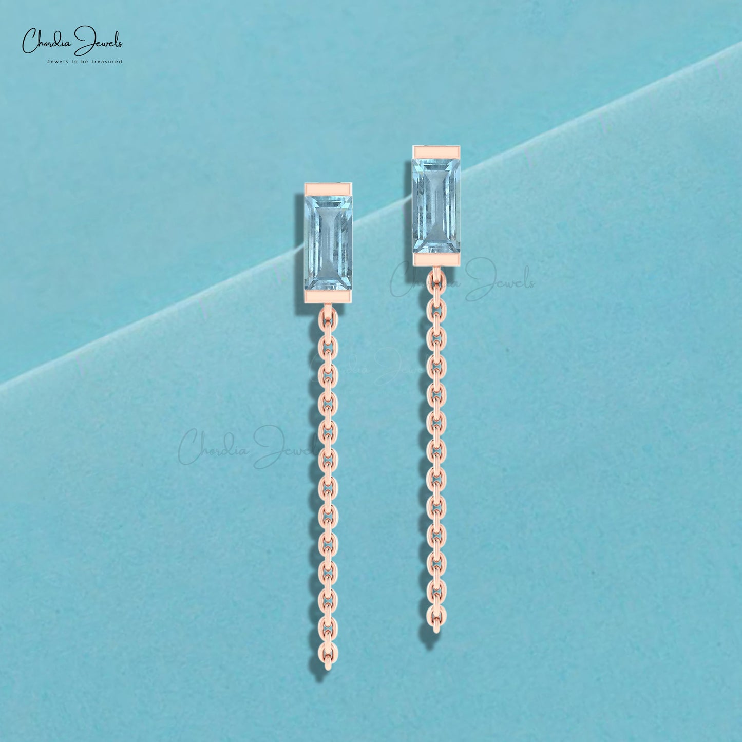 Single Stone Baguette Earrings In Pure 14k Gold Aquamarine Delicate Chai Women Earrings