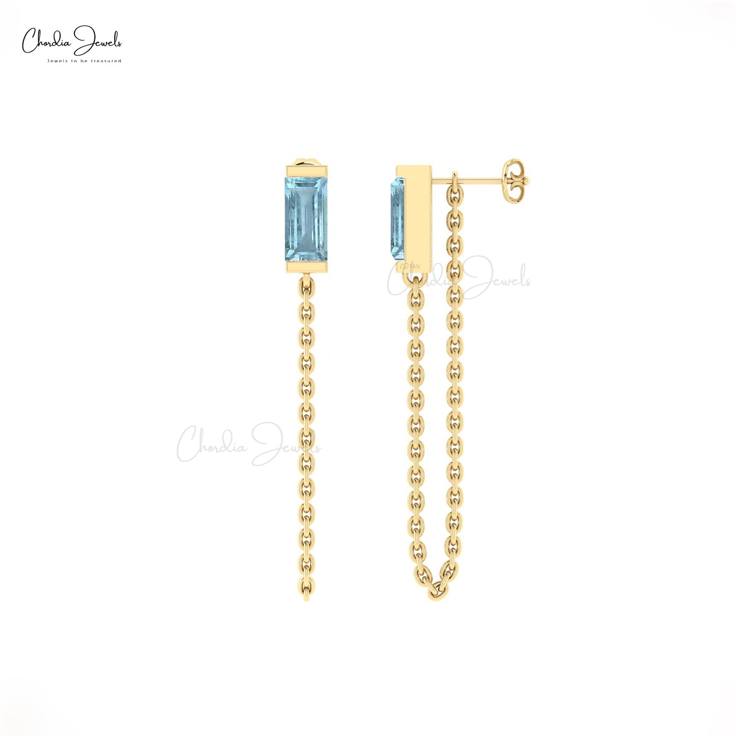 Single Stone Baguette Earrings In Pure 14k Gold Aquamarine Delicate Chai Women Earrings