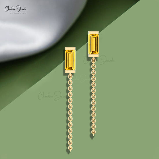 Natural Citrine Baguette Earring With 6x3mm Gemstone 14k Solid Gold Minimalist Earrings