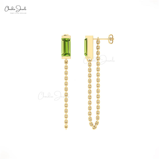 Gemstone Chain Earring With 0.6 Ct Peridot Solitaire Delicate Earrings In 14k Real Gold