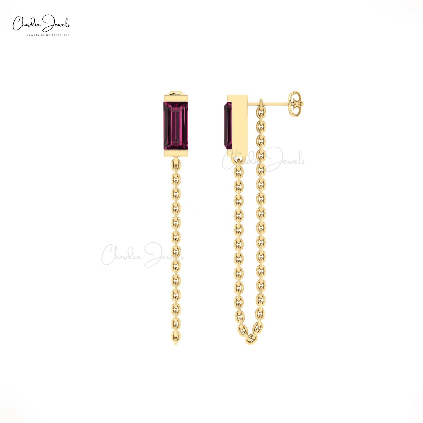 Modern Chain Earring In Solid 14k Gold Rhodolite Garnet 6x3mm Baguette Hallmark Earrings