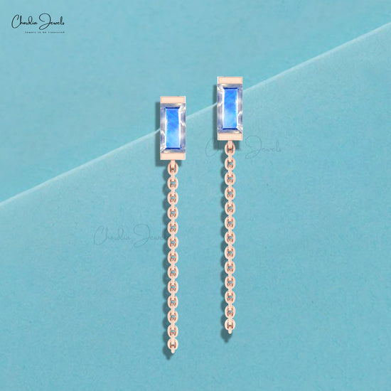 14k Solid Gold Rainbow Moonstone Modern Chain Earrings For Women