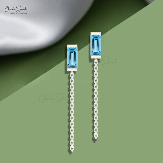 14k Solid Gold With Genuine 6x3mm Swiss Blue Topaz Modern Chain Earrings For Her
