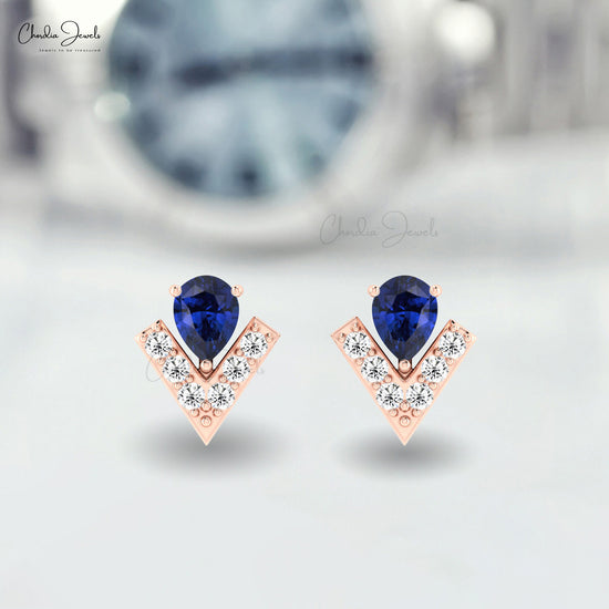 Solid 14k Gold Diamond And 0.28Ct Blue Sapphire Gemstone Chevron Stud Earrings