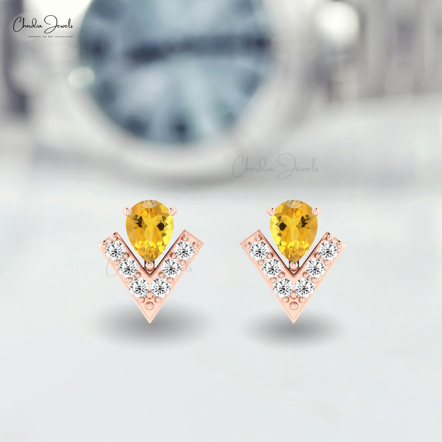 Solid 14k Gold Chevron Studs With 4x3mm Citrine And Pave Diamond Teardrop Tiny Earrings