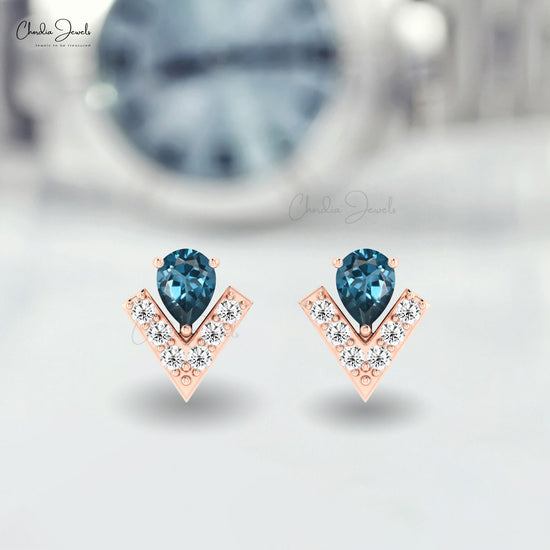 Chevron Teardrop Earrings In 14k Solid Gold London Blue Topaz And Diamond Handmade Studs