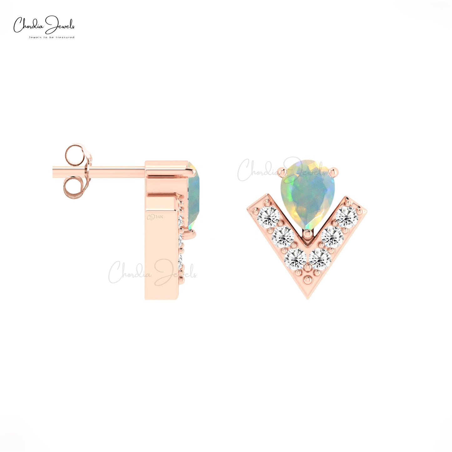 Dainty Studs With Ethiopian Opal And Pave Diamond Chevron Women Earrings In 14k Solid Gold