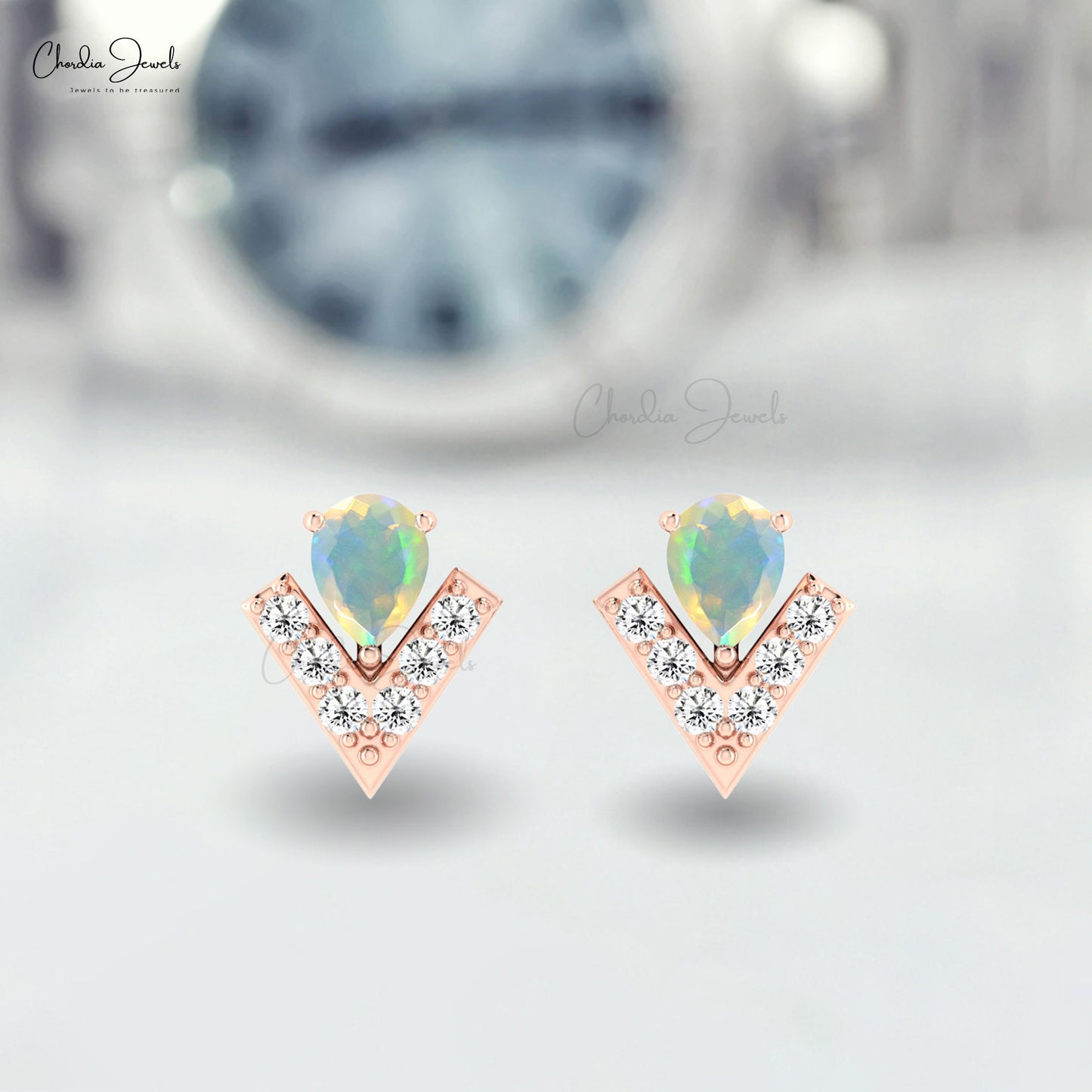 Dual Birthstone Dainty Earrings In Pure 14k Gold Opal And Diamond V Shape Studs For Mom