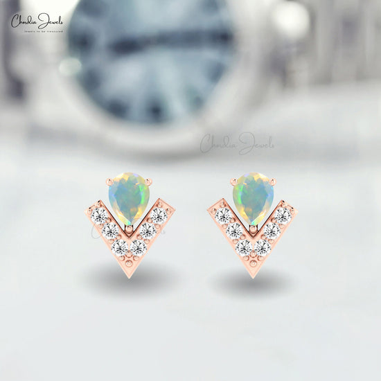 Dainty Studs With Ethiopian Opal And Pave Diamond Chevron Women Earrings In 14k Solid Gold