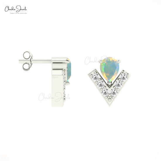 Dual Birthstone Dainty Earrings In Pure 14k Gold Opal And Diamond V Shape Studs For Mom