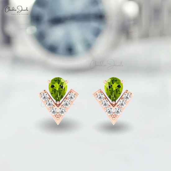 Chevron Studs In 14k Solid Gold With 0.3 CT Peridot And Small Diamond Earrings For Wife