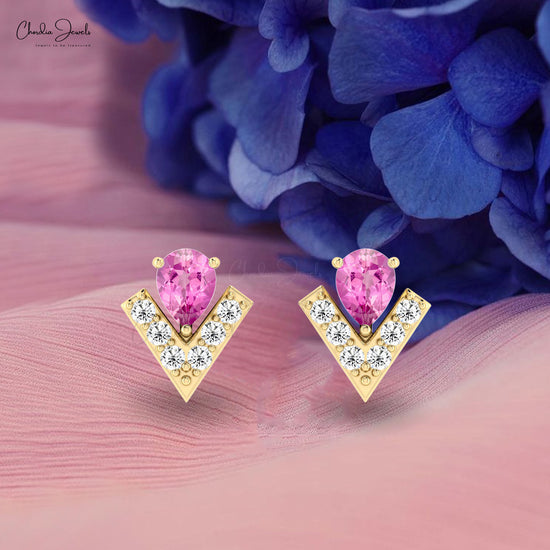 Natural Pink Sapphire & Dainty Diamond Chevron Stud Earrings In 14k Solid Gold