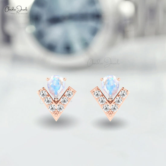 V Shape Studs In 14k Solid Gold With 0.3 CT Rainbow Moonstone And Diamond Accents Earrings For Her