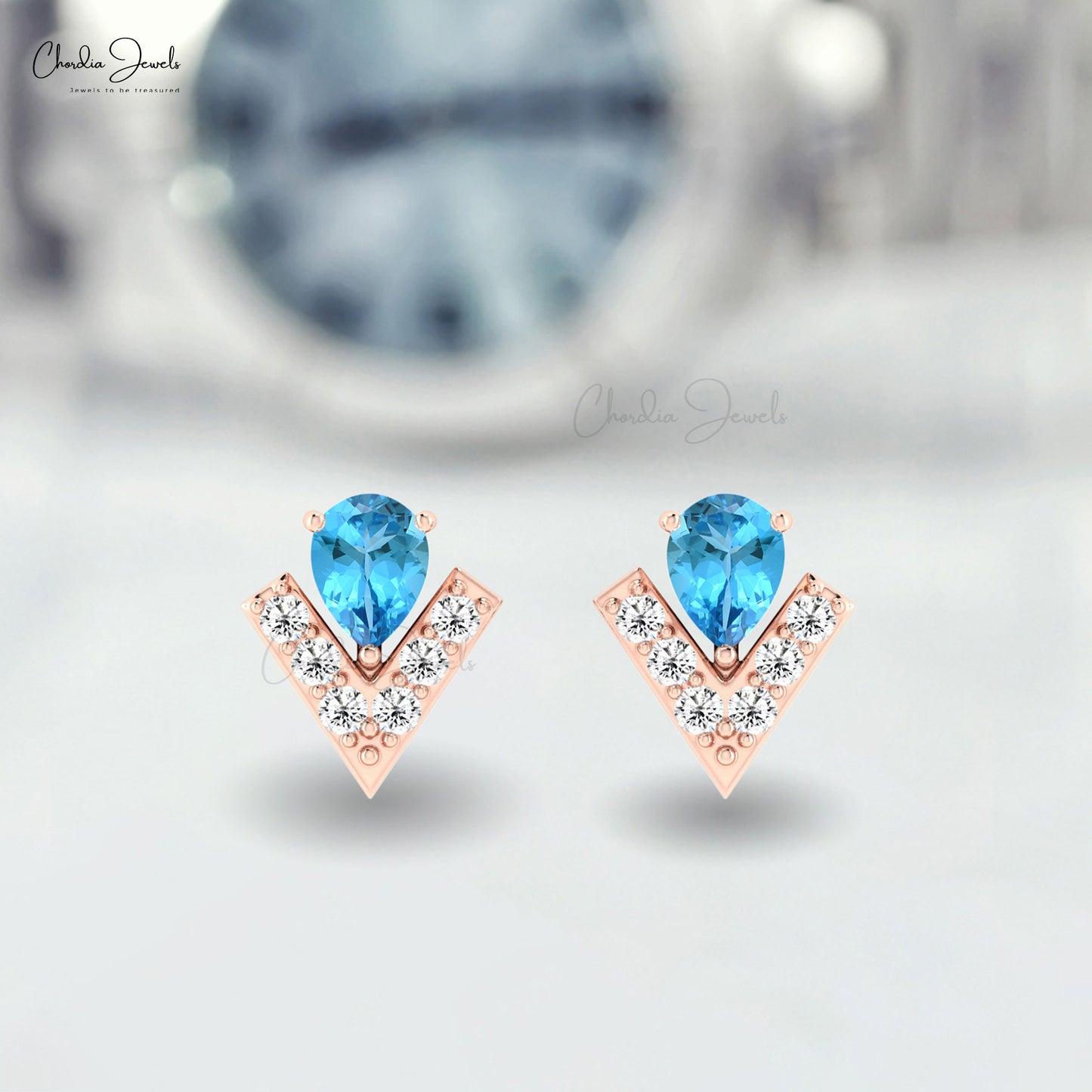 Solid 14k Gold Dainty Studs With Prong Set 4x3mm Blue Topaz And Small Diamond Women Earrings