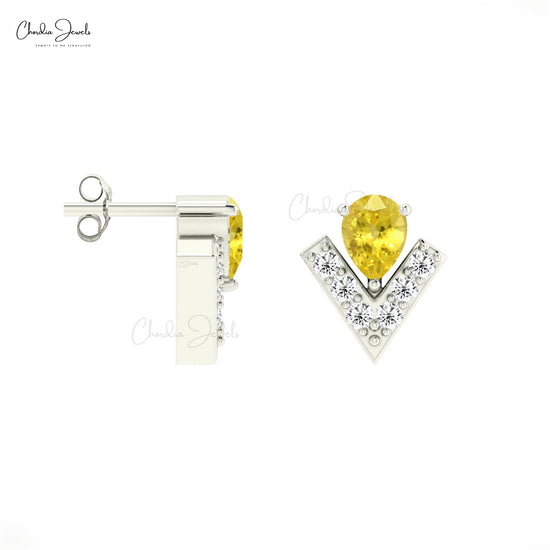 Natural Yellow Sapphire With Dainty Diamond Accents in 14k Real Gold Studs