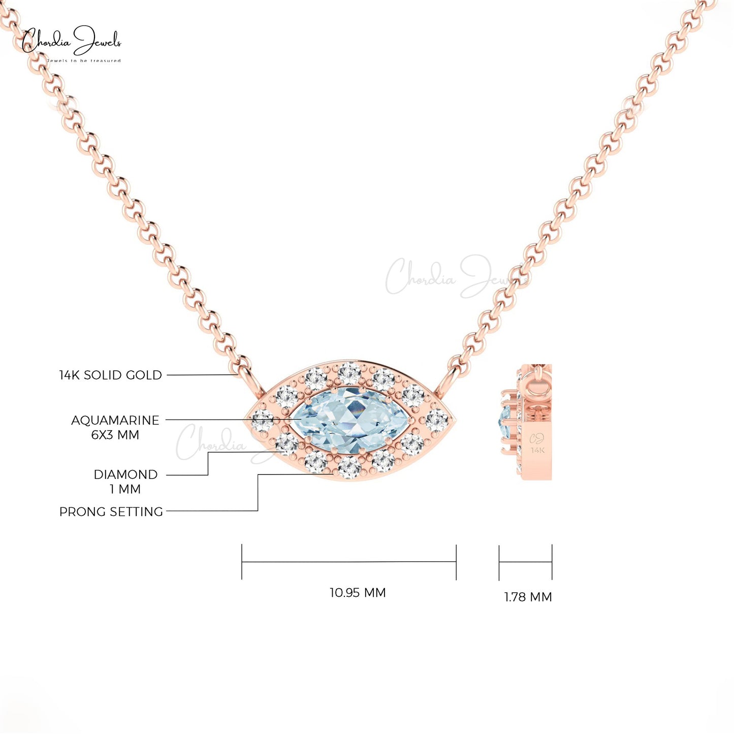 AAA Aquamarine Halo Necklace 14k Solid Gold Diamond Necklace For March Birthstone