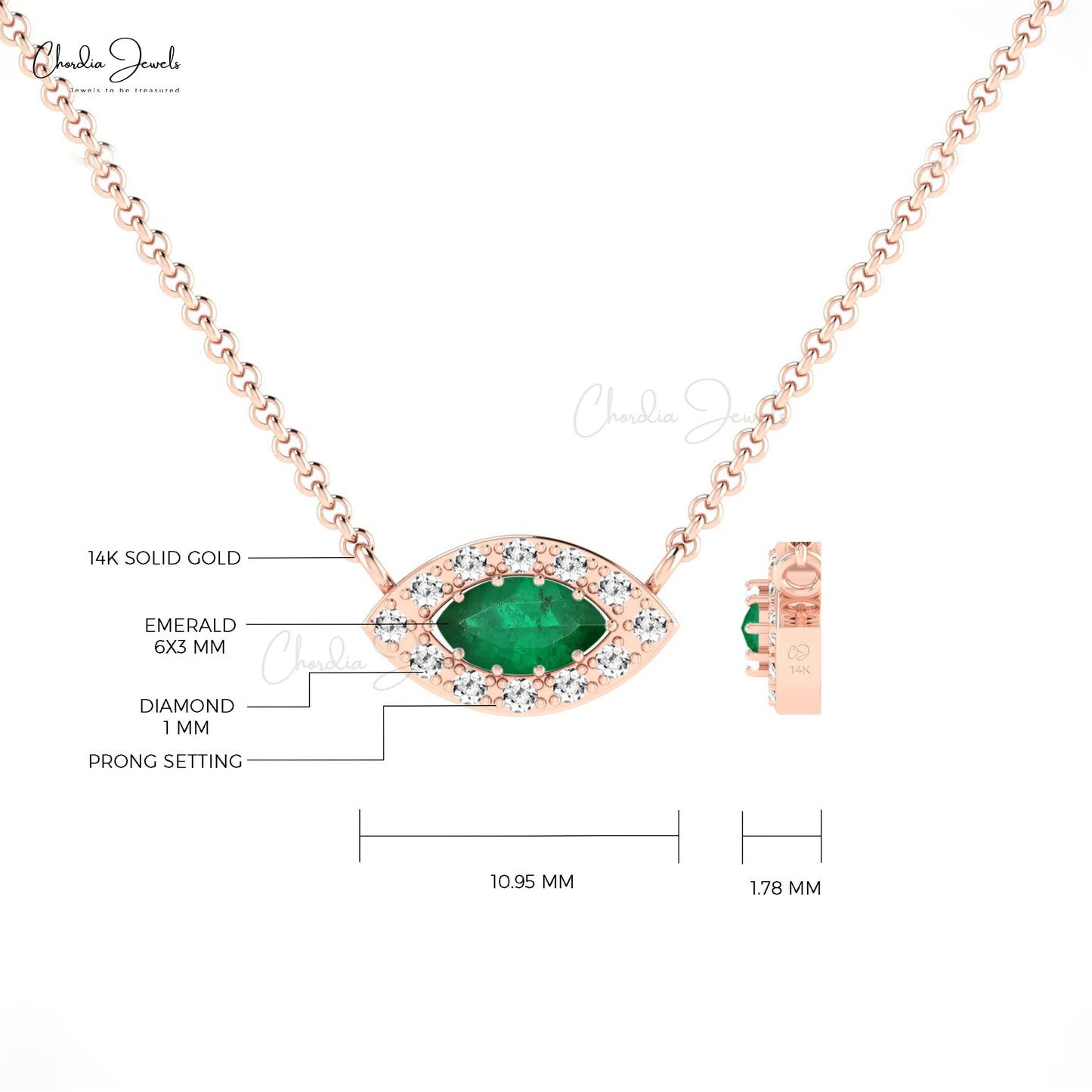 Natural Emerald Diamond Halo Necklace in 14K Gold Fine Jewelry