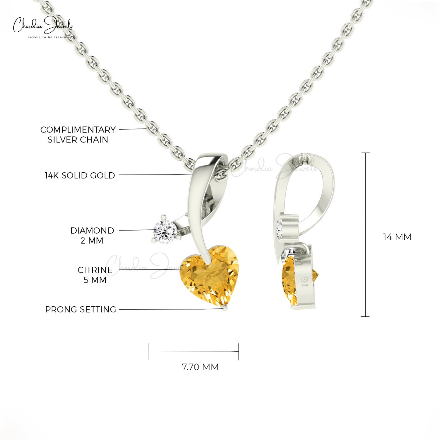 Twisted Heart Pendant With 0.42 Ct Citrine Gemstone And Diamond 14k Real Gold Pendant