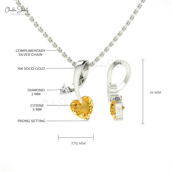 Twisted Heart Pendant With 0.42 Ct Citrine Gemstone And Diamond 14k Real Gold Pendant