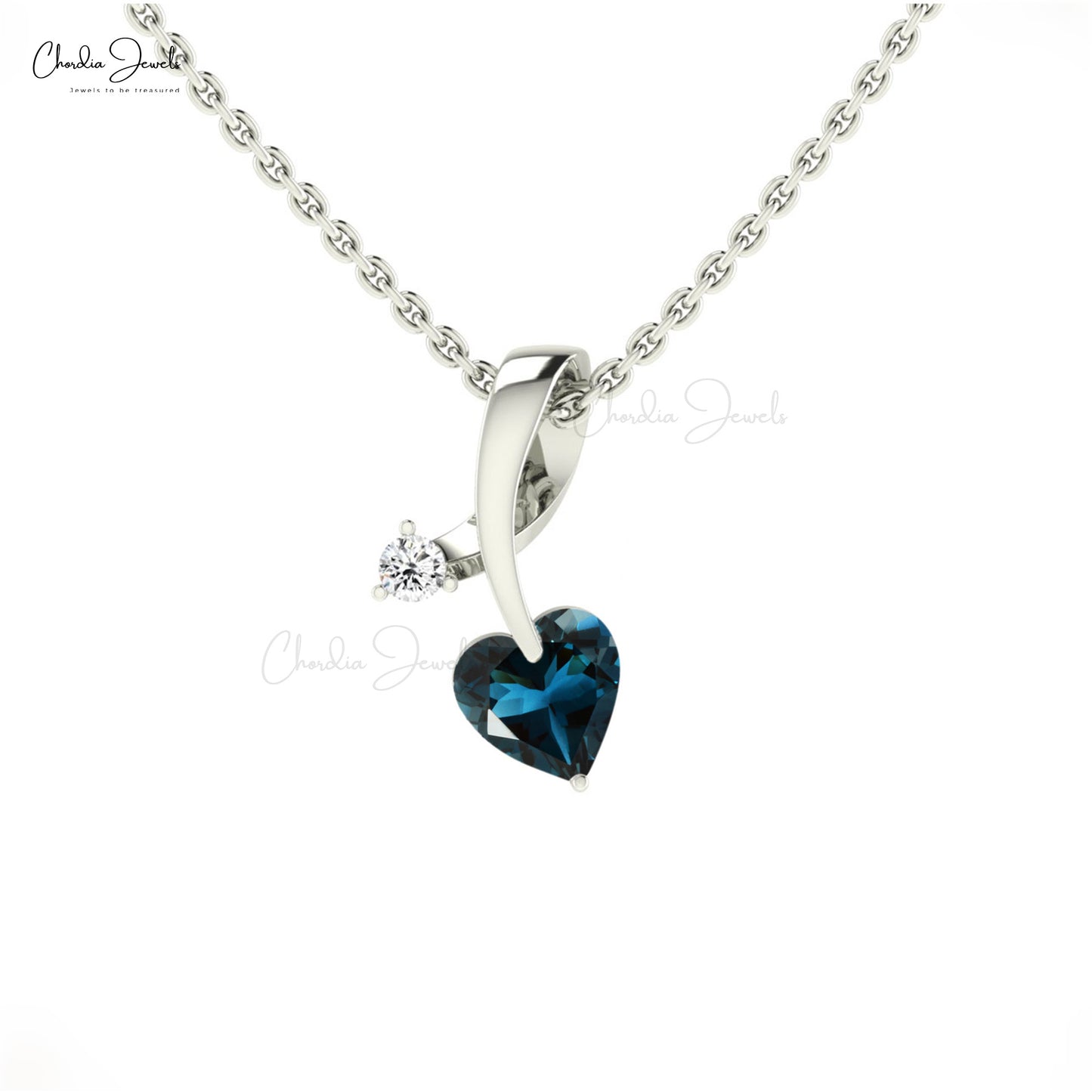 Double Stone 14k Solid Gold With 5mm Heart Cut London Blue Topaz And Diamond Pendant