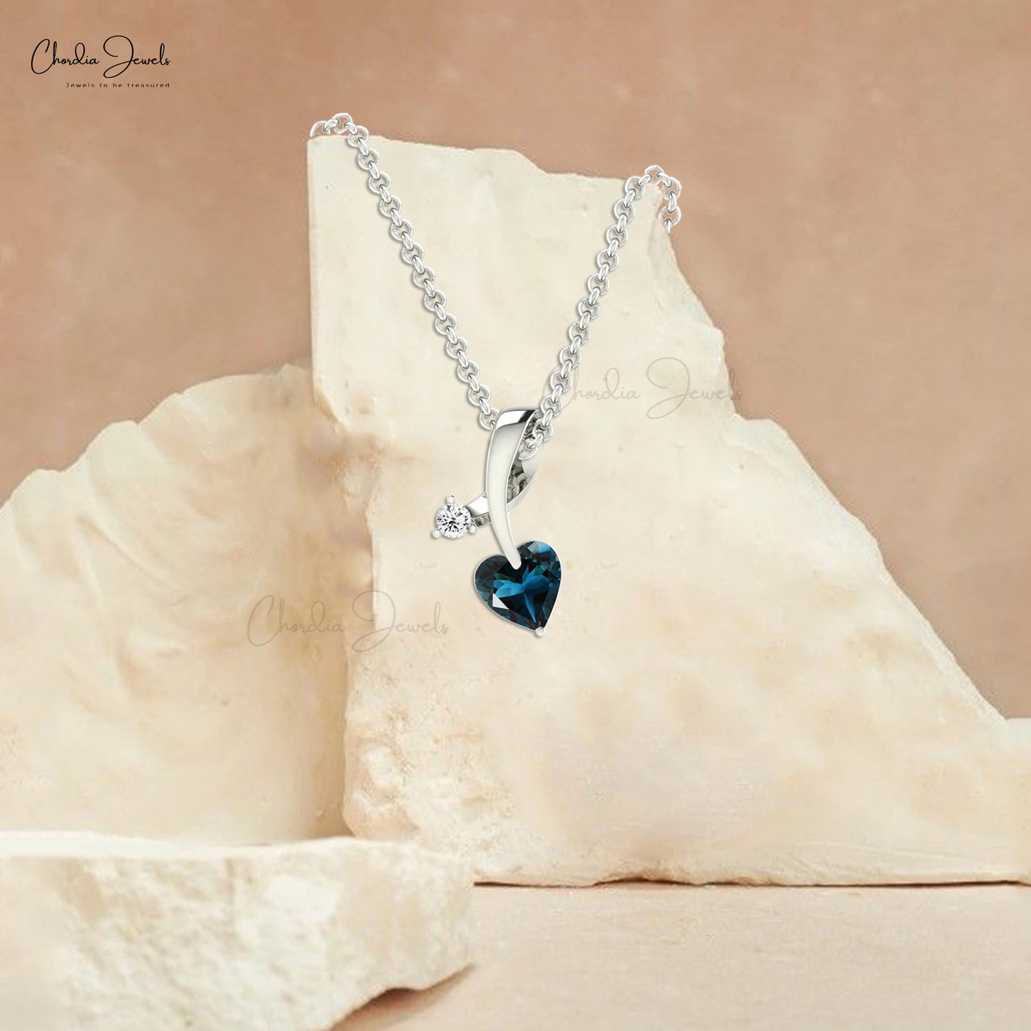 Double Stone 14k Solid Gold With 5mm Heart Cut London Blue Topaz And Diamond Pendant