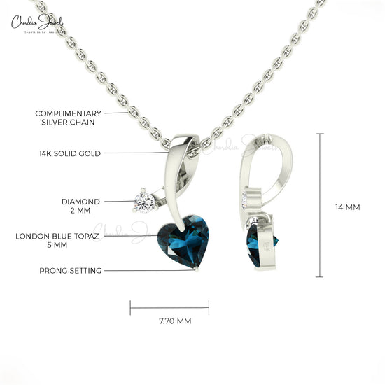 Double Stone 14k Solid Gold With 5mm Heart Cut London Blue Topaz And Diamond Pendant