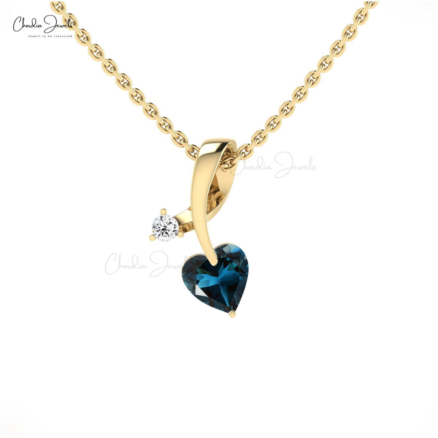 Double Stone 14k Solid Gold With 5mm Heart Cut London Blue Topaz And Diamond Pendant