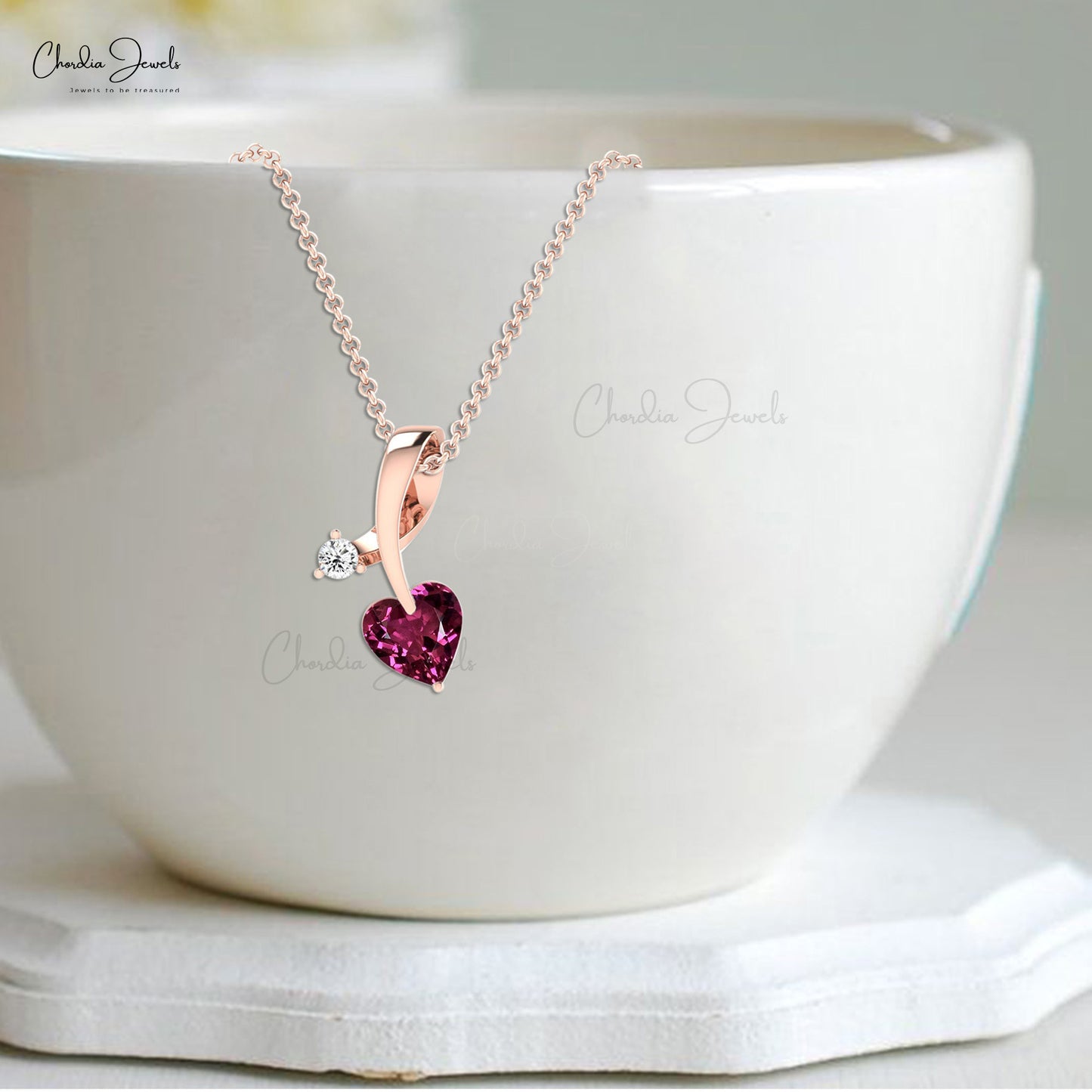 Pure 14k Gold 2 Stone Pendant With 0.42 Ct Rhodolite Garnet Diamond Women Necklace