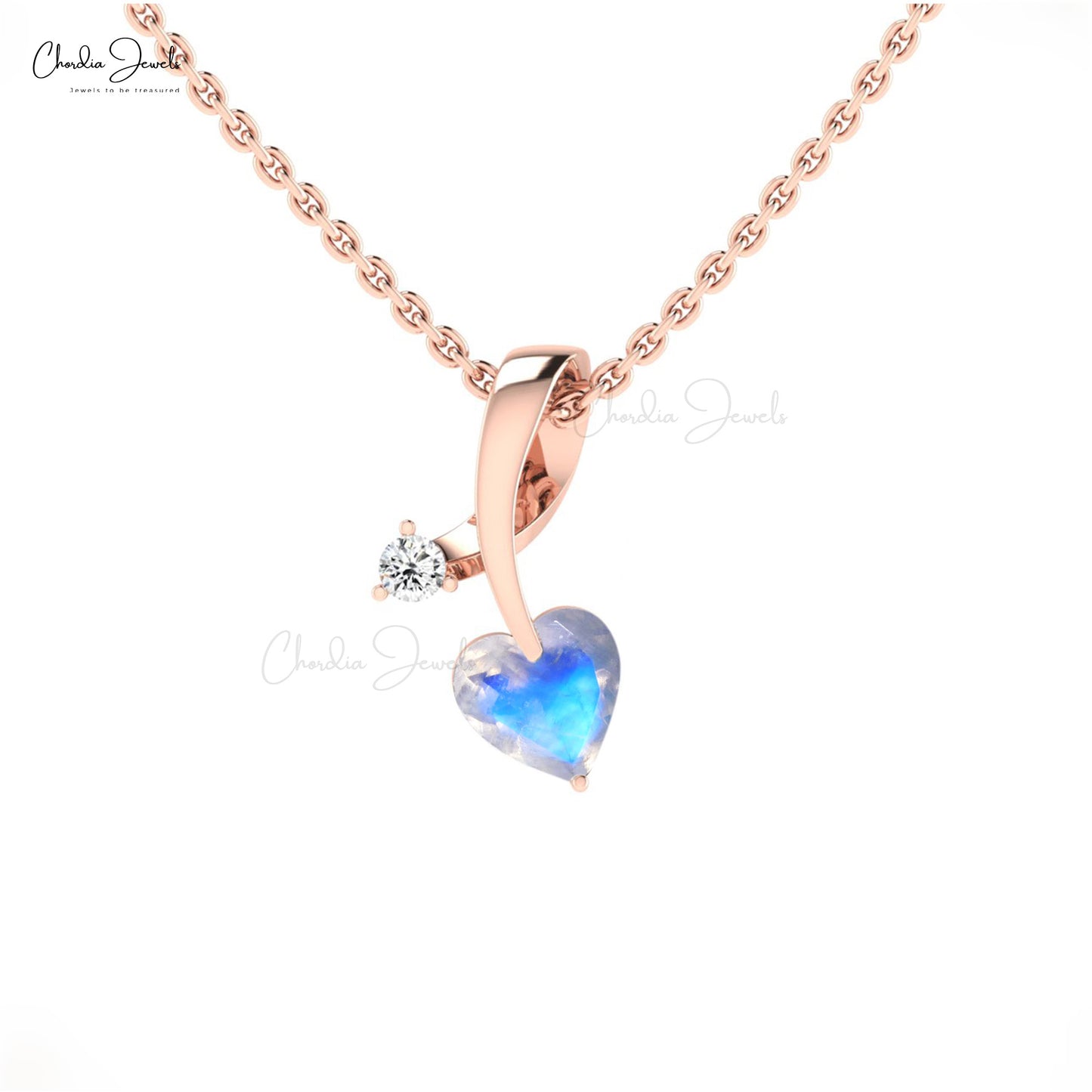 Solid 14k Gold 2 Stone Pendant With 5mm Heart Moonstone & Diamond Women Pendant