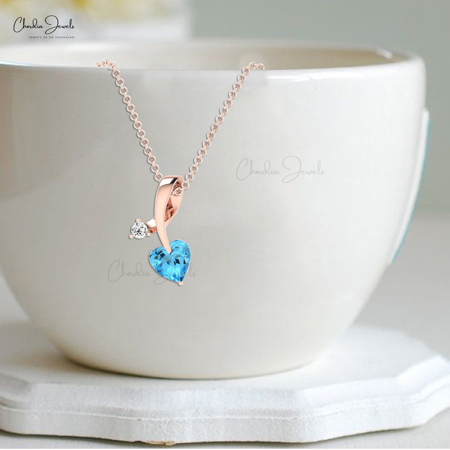 Diamond Studded Pendant In 14k Solid Gold With 0.4 CT Blue Topaz Twisted Heart Necklace For GF