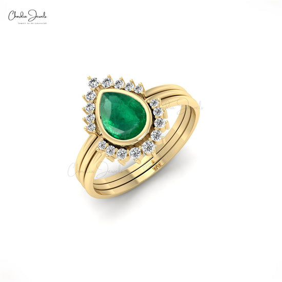 Stackable 14k Yellow Gold Band With 0.72 Ct Emerald And Diamond Halo Rings For Her, US5.25