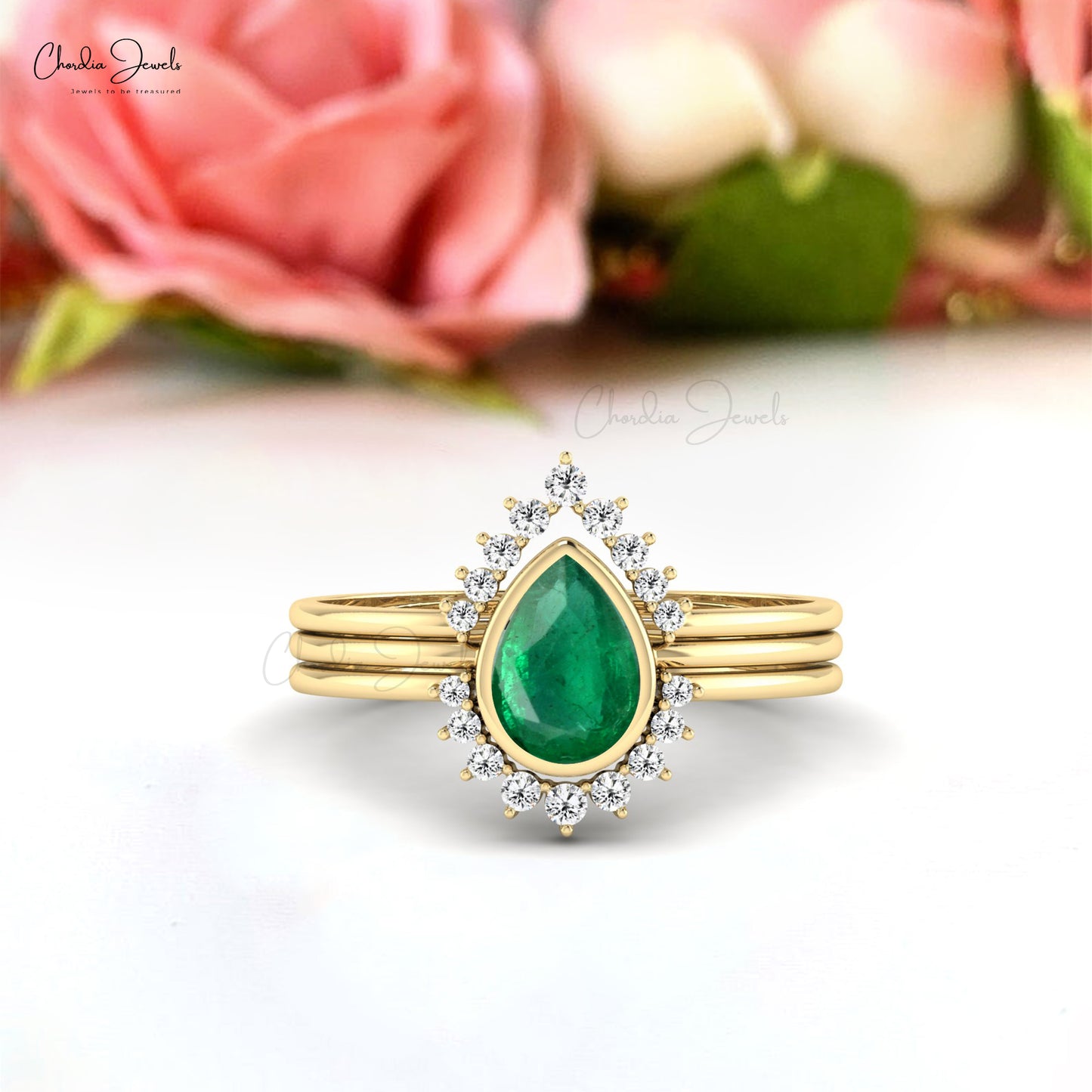 Stackable 14k Yellow Gold Band With 0.72 Ct Emerald And Diamond Halo Rings For Her, US5.25