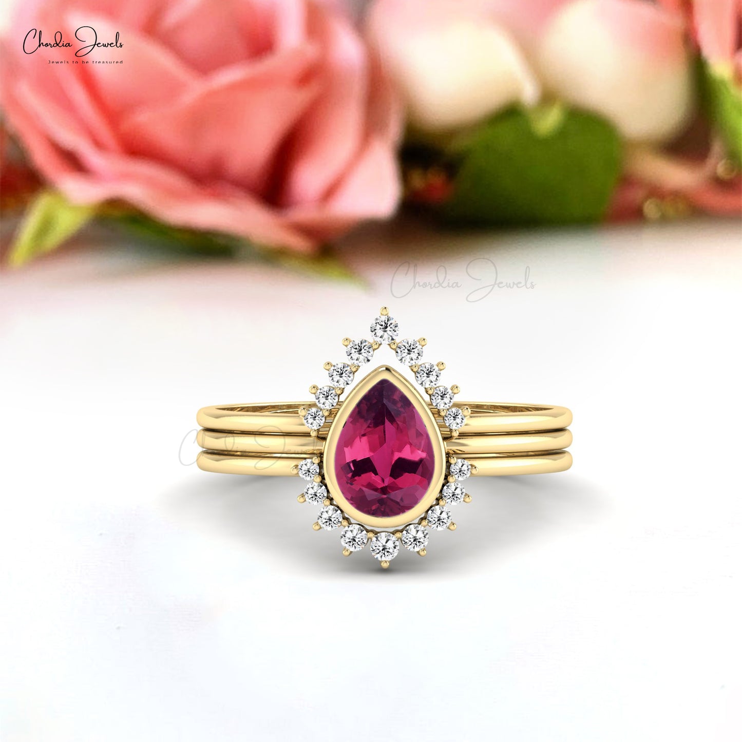 Natural Pink Tourmaline Dainty Ring 14k Real Gold Diamond Stackable Ring 7x5mm Pear Gemstone Art Deco Fine Jewelry For Women