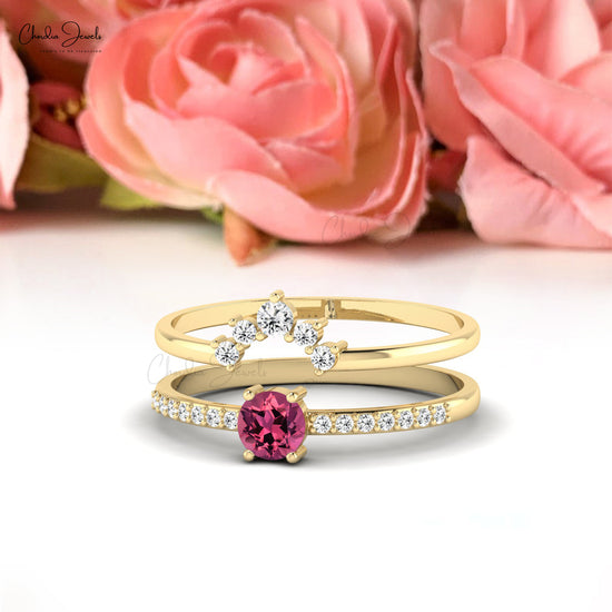 Delicate Pink Tourmaline Stackable Ring 4mm Round Cut Gemstone Promise Ring 14k Real Gold Diamond Jewelry For Wedding Gift