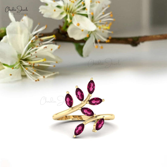 14k Gold Marquise Shape Rhodolite Garnet Leaf Ring