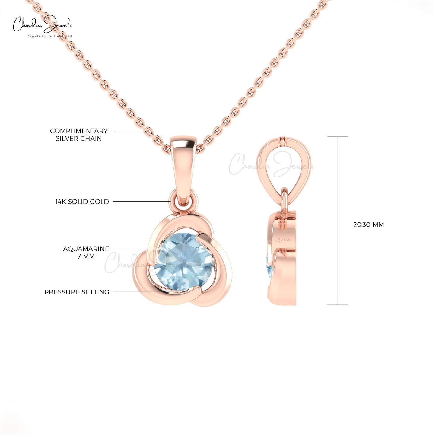 Dainty Single Stone Charm With 1.27 Ct Aquamarine Accents In 14k Real Gold Twisted Pendant