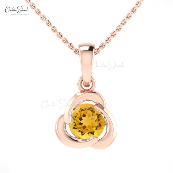 Solitaire 14k Solid Gold Twisted Pendant With 7mm Round Citrine Dainty Necklace